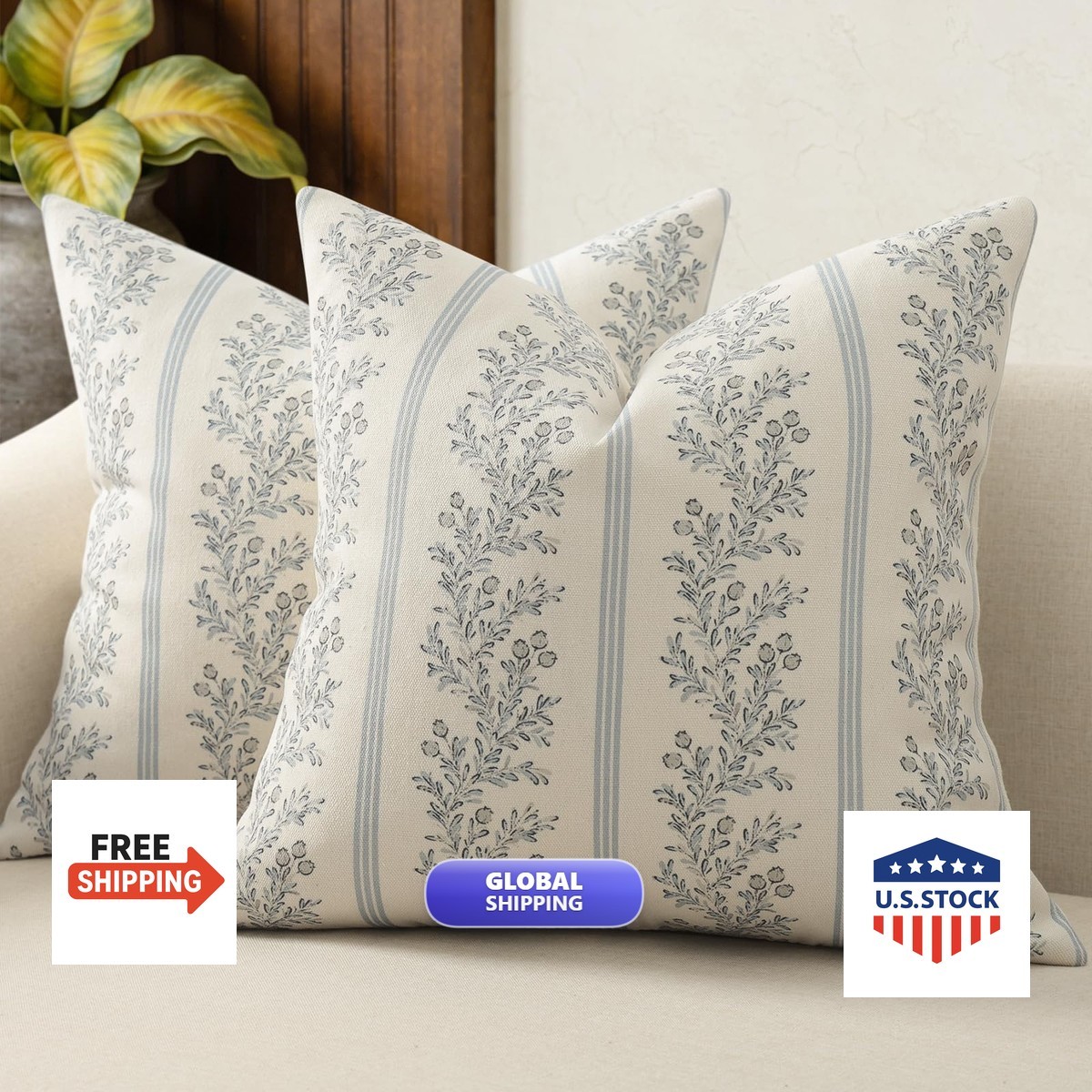 DKwizme Vintage Throw Pillow Covers 24x24 Set 2, Striped Floral Pillow Cover
