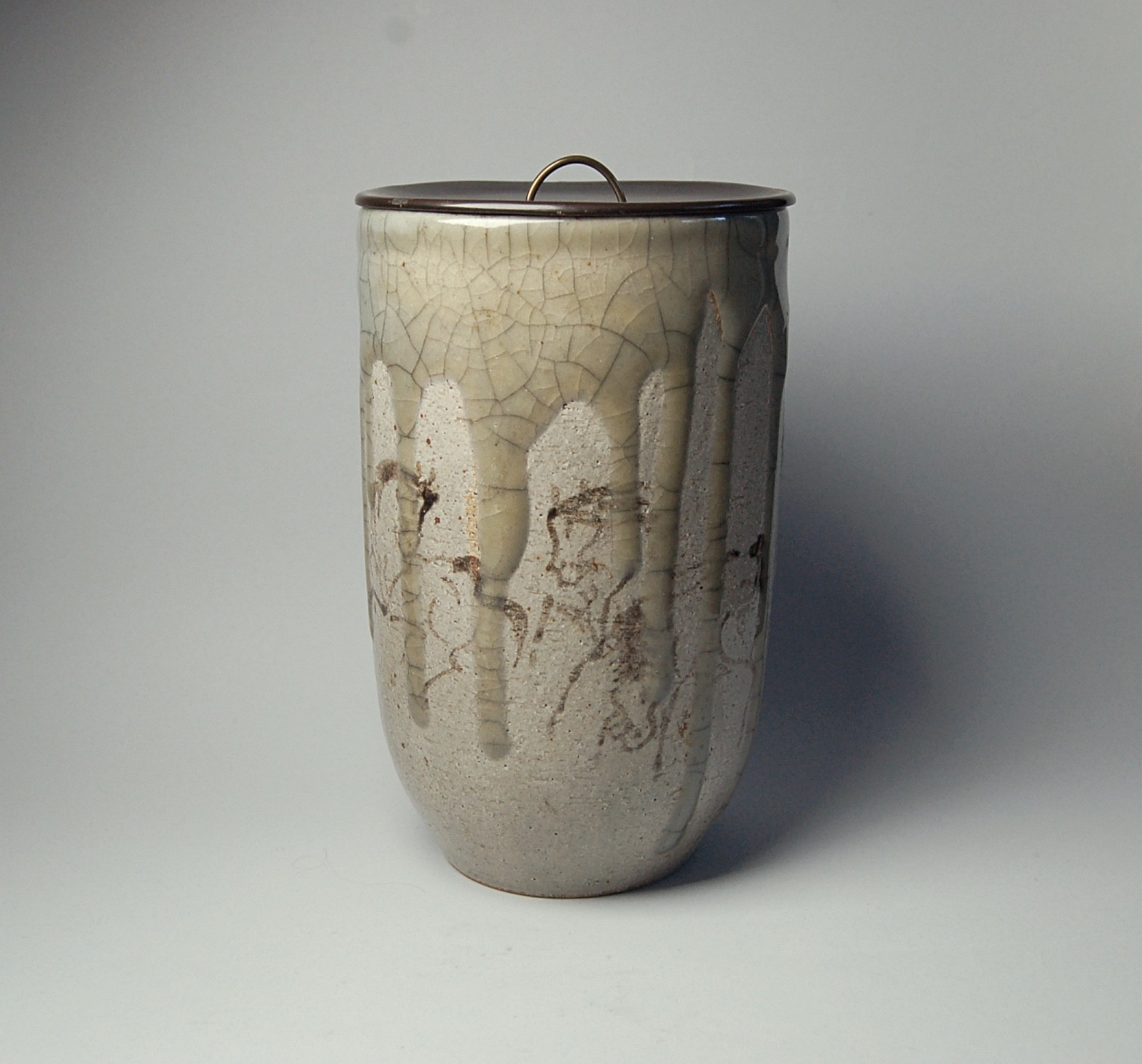 Ceramic mizusashi water jug, frolicking horses, celadon glaze, antique, Japan