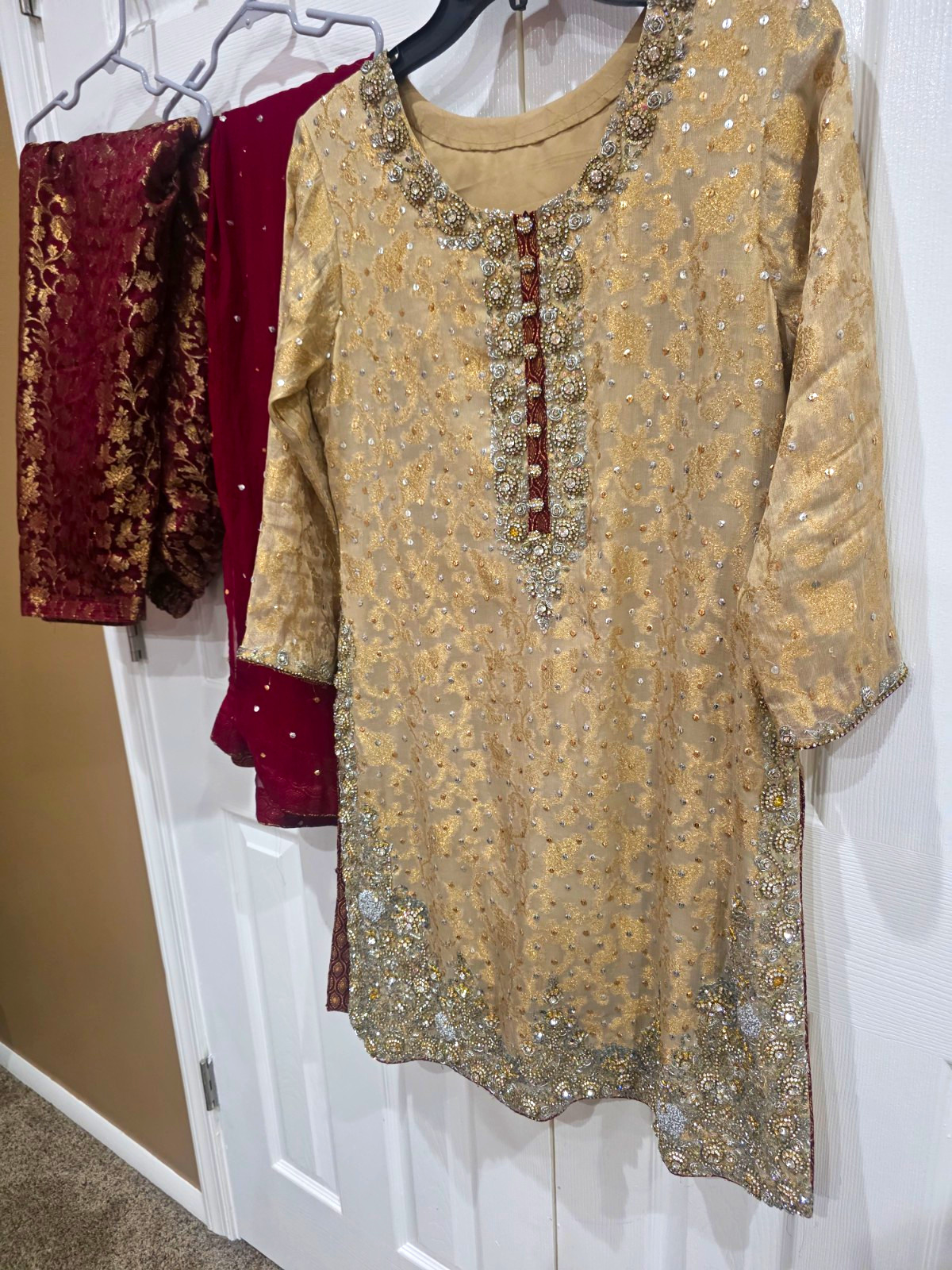 Stunning Gold & Burgundy Heavy Dabka Zari Banarasi Chiffon Salwar Kameez Set - S