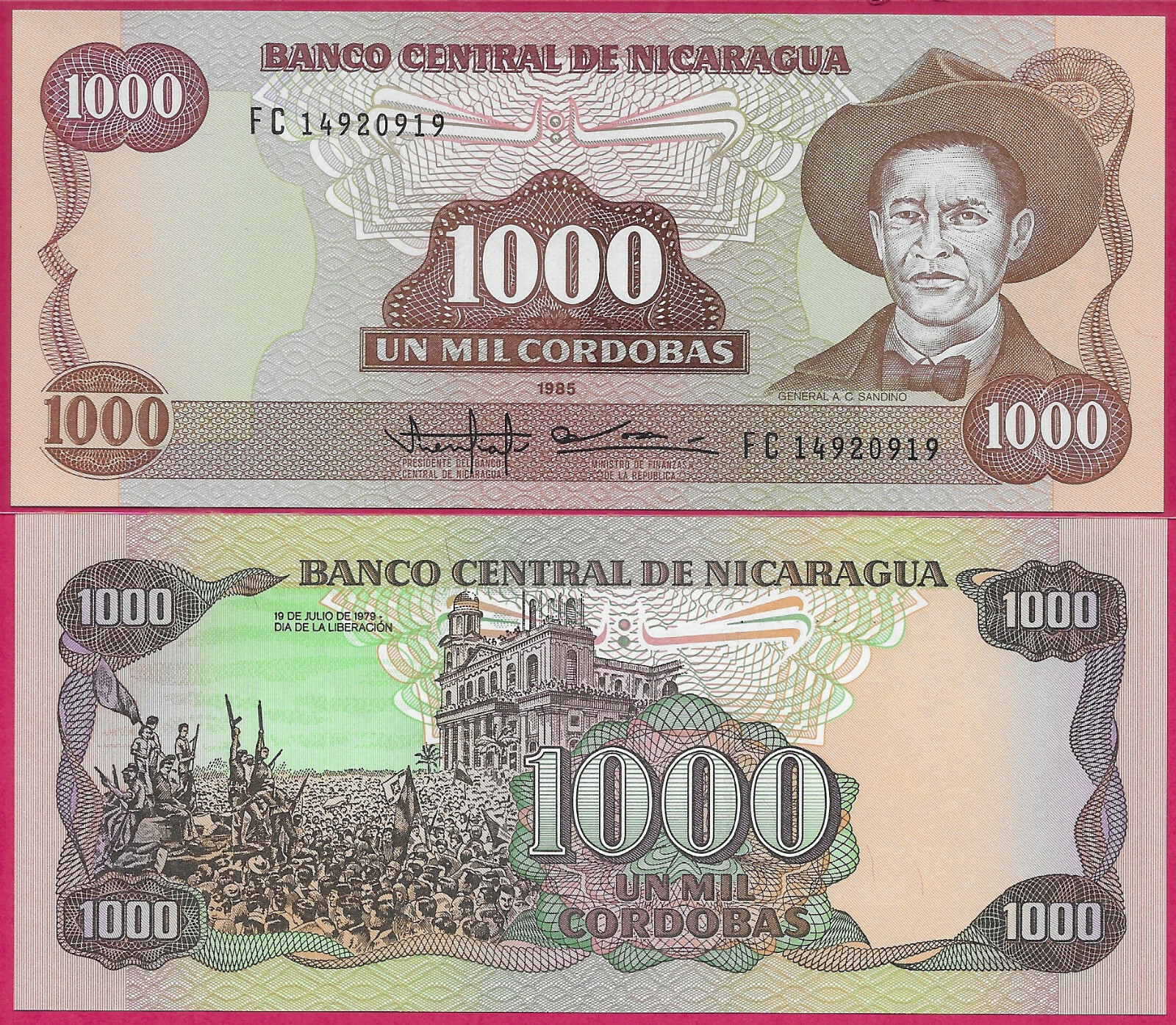 NICARAGUA 1,000 CORDOBAS 1985 UNC LIBERATION OF 19-7-1979,GENERAL AUGUSTO NICOLA