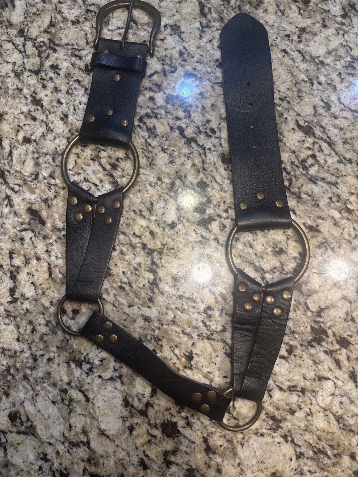 VTG CAbi Wide Black Leather Studded O-Ring Statement Belt Size M Boho Punk