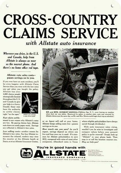 1959 ALLSTATE AUTO INSURANCE Cross-Country Claims Service DECORATIVE METAL SIGN
