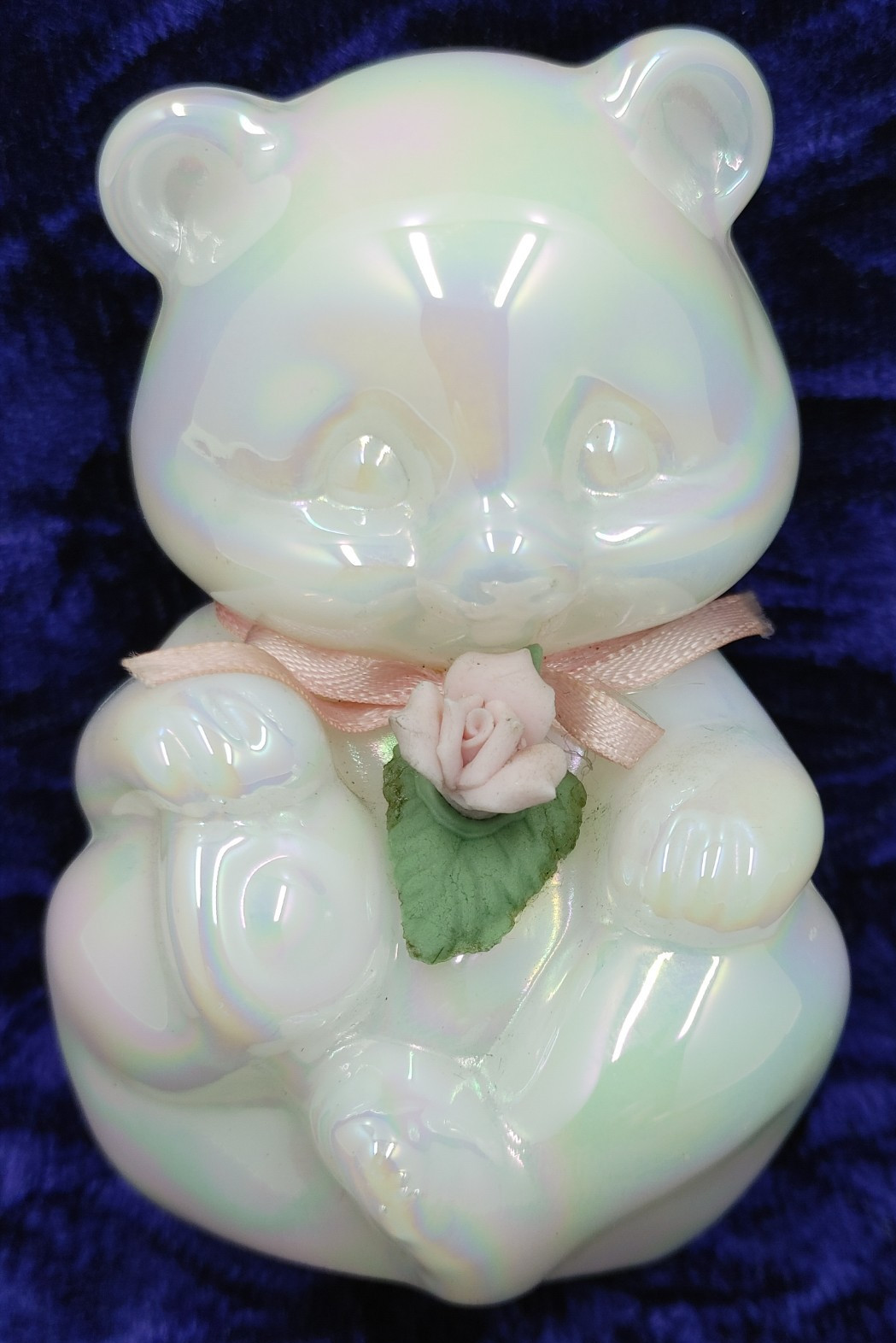 Vintage Fenton Teddy Bear Figurine Pearly White Opalescent Iridescent Glass
