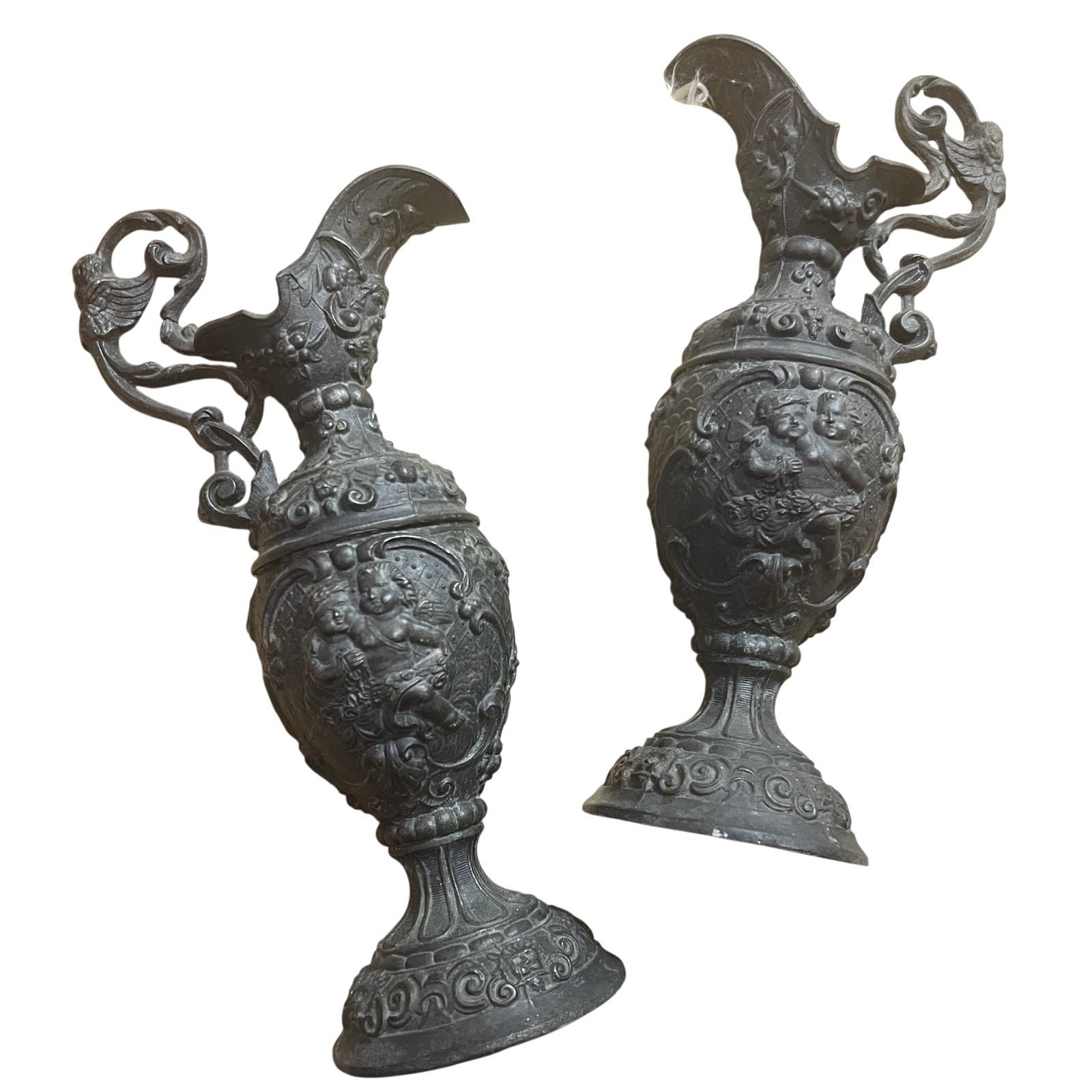 Antique Pair Victorian Decorative Cast Spelter Metal Urns Ewers Putti Motif