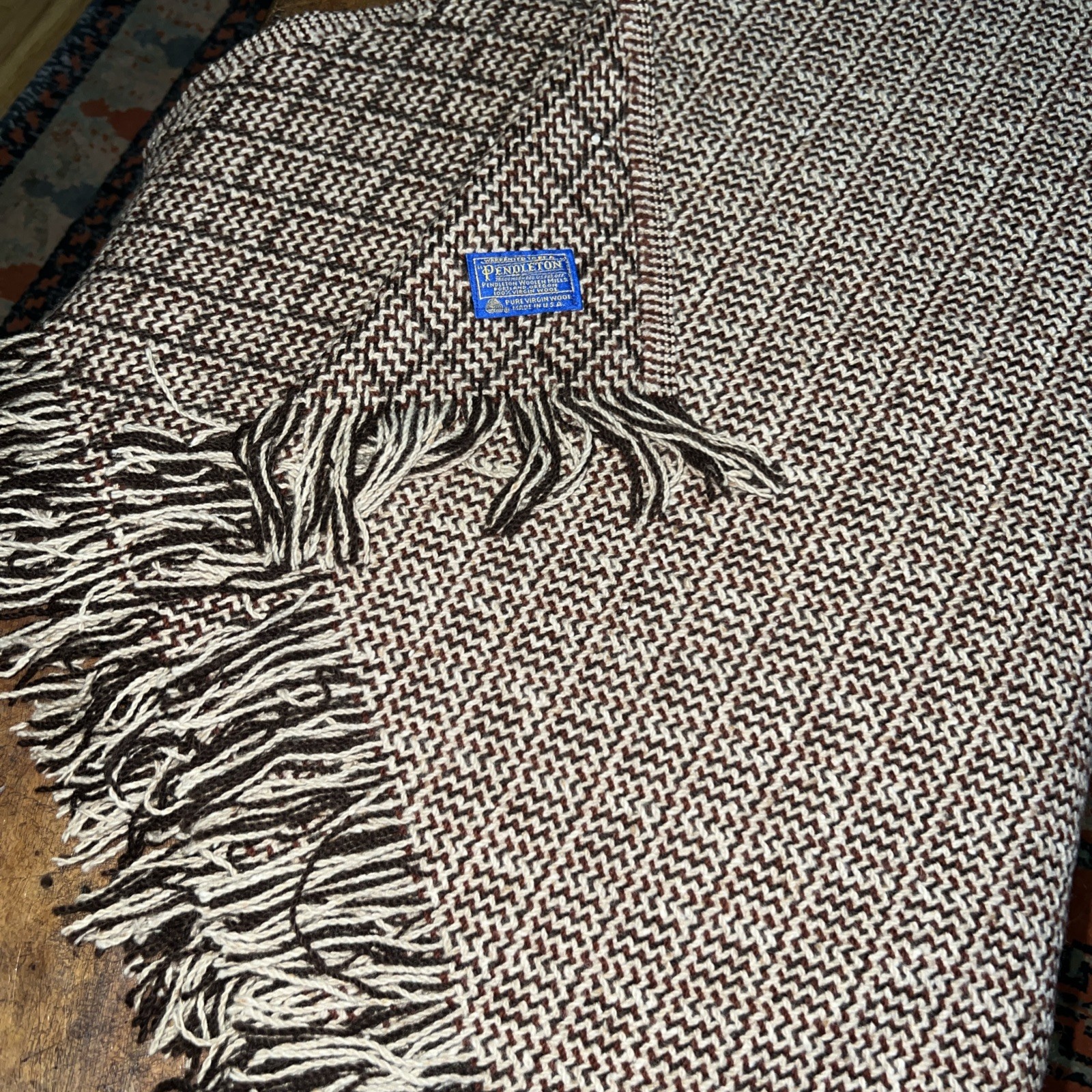 VTG Pendleton Wool Throw Blanket Tan Rust Brown Tweed Weave Fringe 56x65