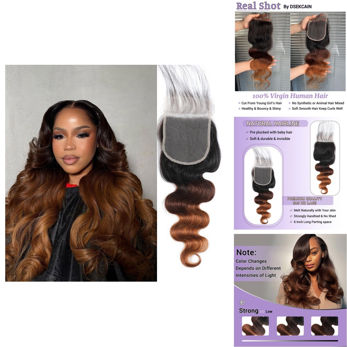 DSEKCAIN 5x5 Lace Closure Body Wave Chestnut Brown T1B/2/30 20in 150% Density