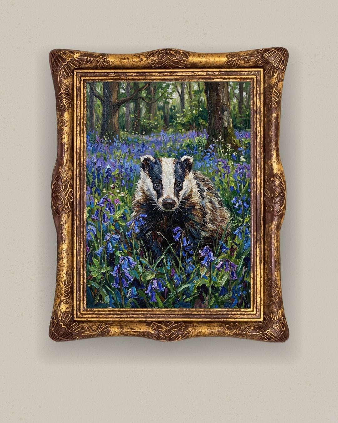 Badger Woodland Art Print, Bluebell Forest Wildlife Painting, Spring Nature Wall