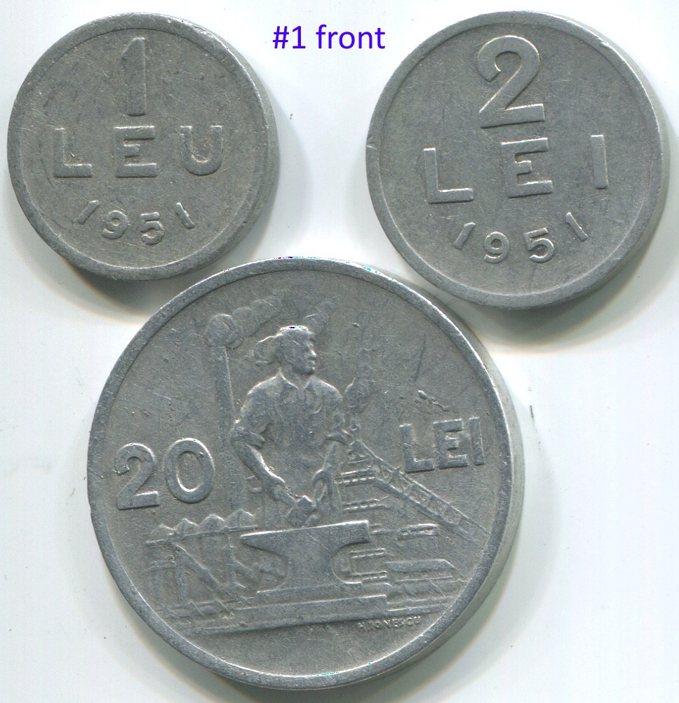 Romania 1951, 1 Leu + 2 Lei + 5 Lei, KM#78a KM#79a KM#80, lot of 3 scarce coins.