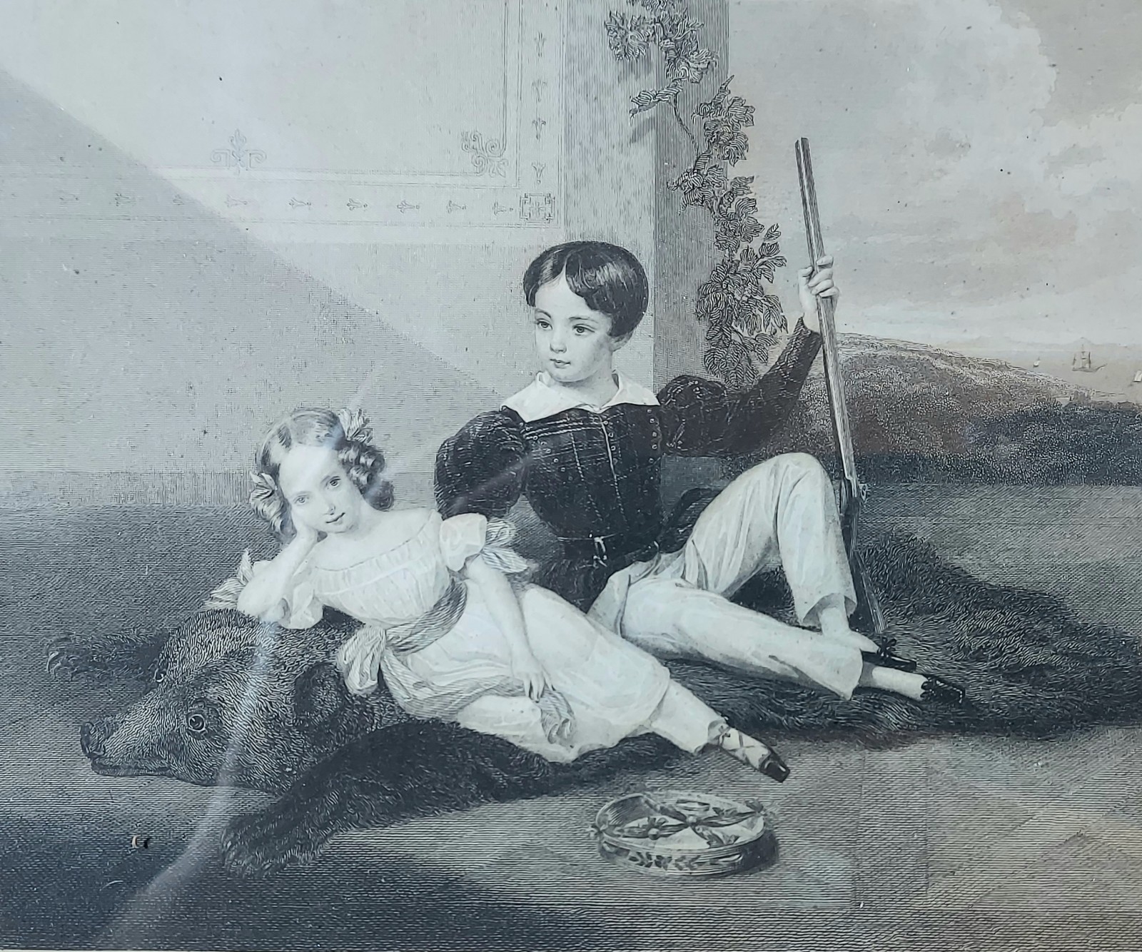 1848 Engraving Original Framed Portrait of Aristocrat Children 