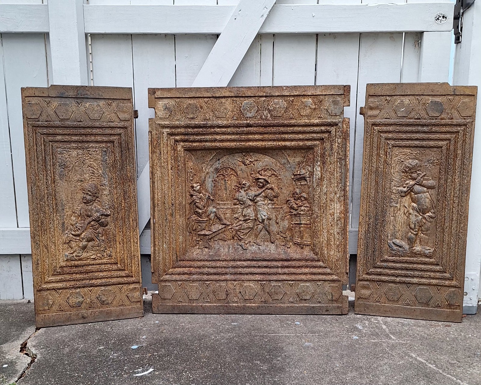 Antique 1887 Peerless Cast Iron Fireplace Firebacks 3 Pc Set Cherub Music...