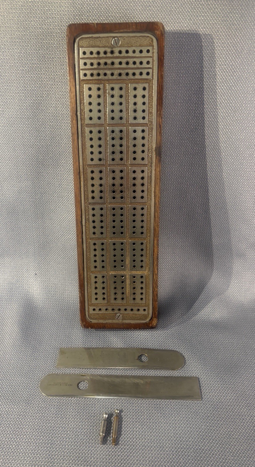 Vintage Wooden Cribbage Board Game Metal Top - C.W. LeCount 1879