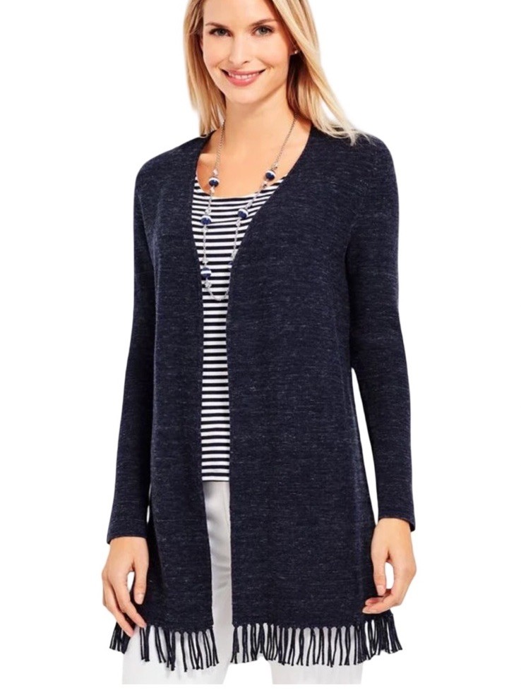 New size X14-16 Talbots Woman’s Space Dyed Fringe Hem Fly Away Cardigan In Blue