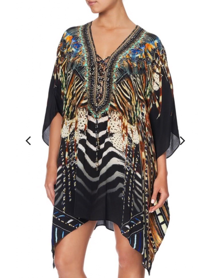 Camilla Kaftan Size OS Short Lace Up 100% Silk Embellished Lost Paradise Resort