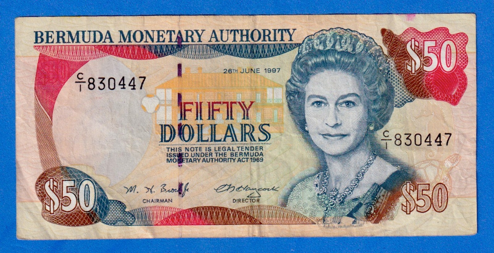 Bermuda $50 1997 P-48 QE II Circulated Banknote  C/1 830447 RARE