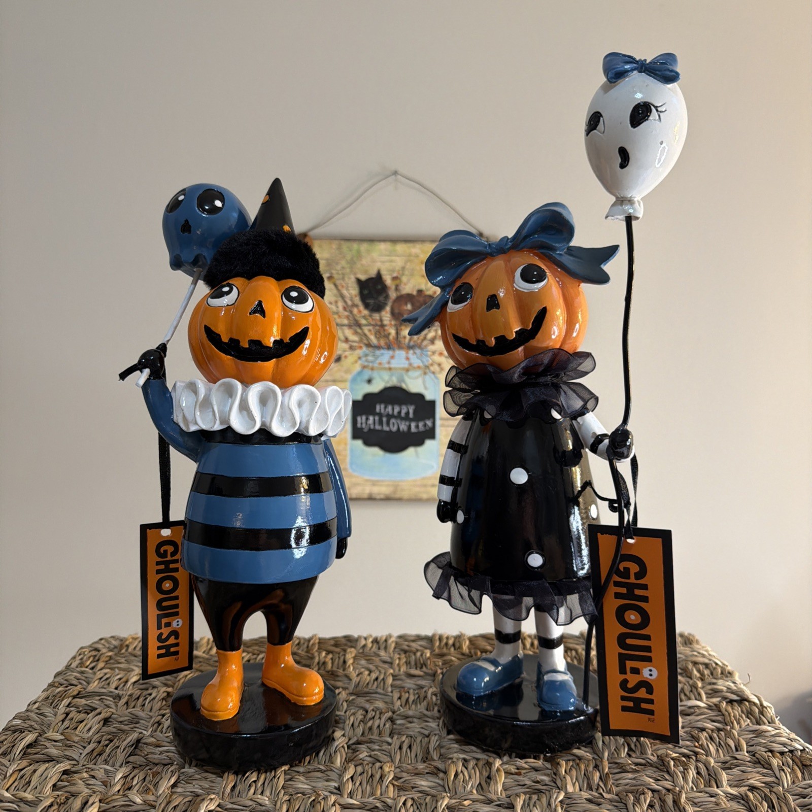 Ghoulish Retro Boy & Girl With Balloons. 11” Each, New With Tags.