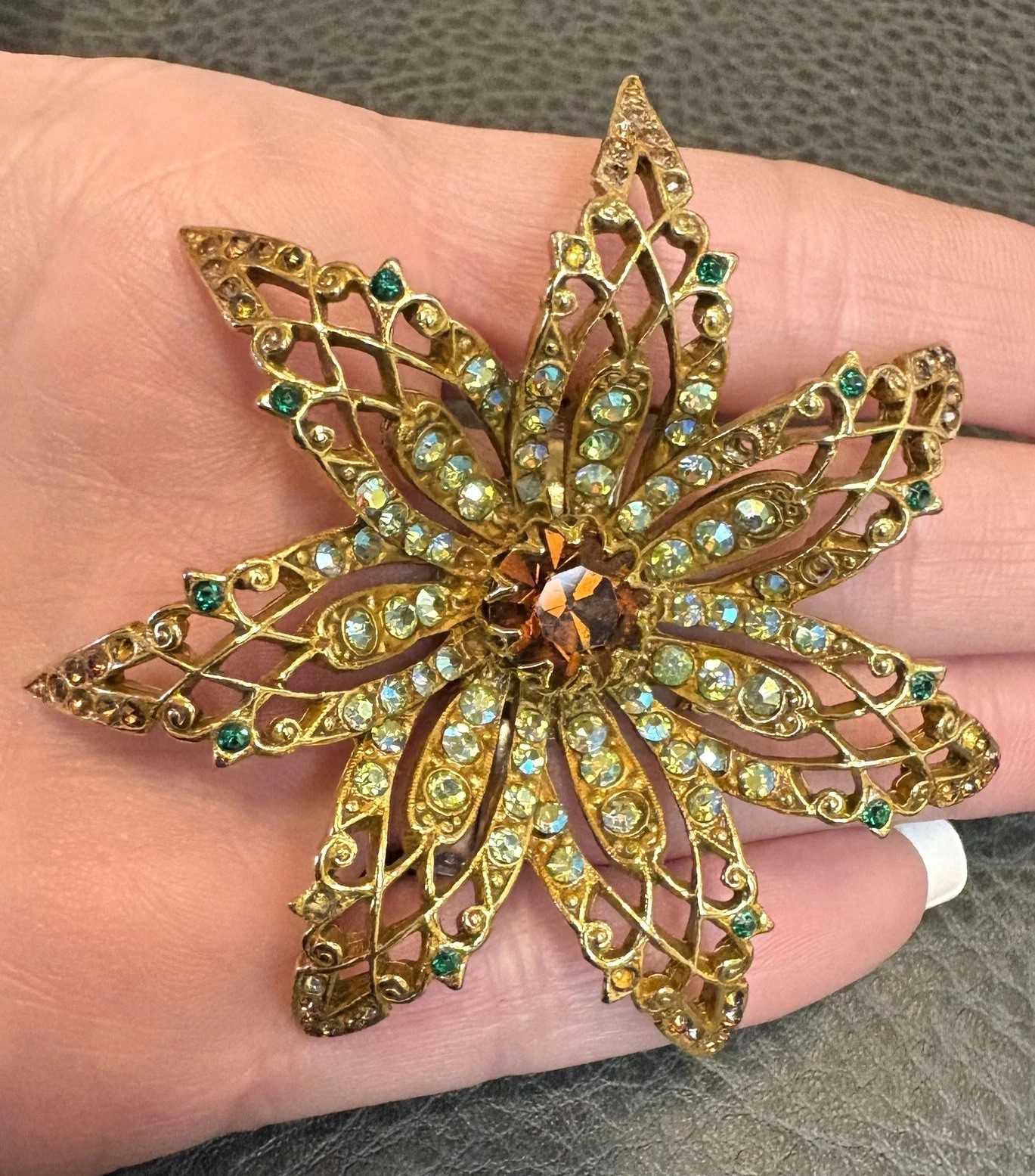 HUGE Vintage SIGNED ART ARTHUR PEPPER 3D FLOWER BROOCH AB STONES Rhinestone