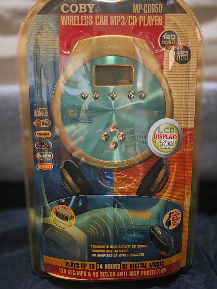 Vintage COBY MP-CD950 Wireless Car MP3/CD Player + Headphones, original package