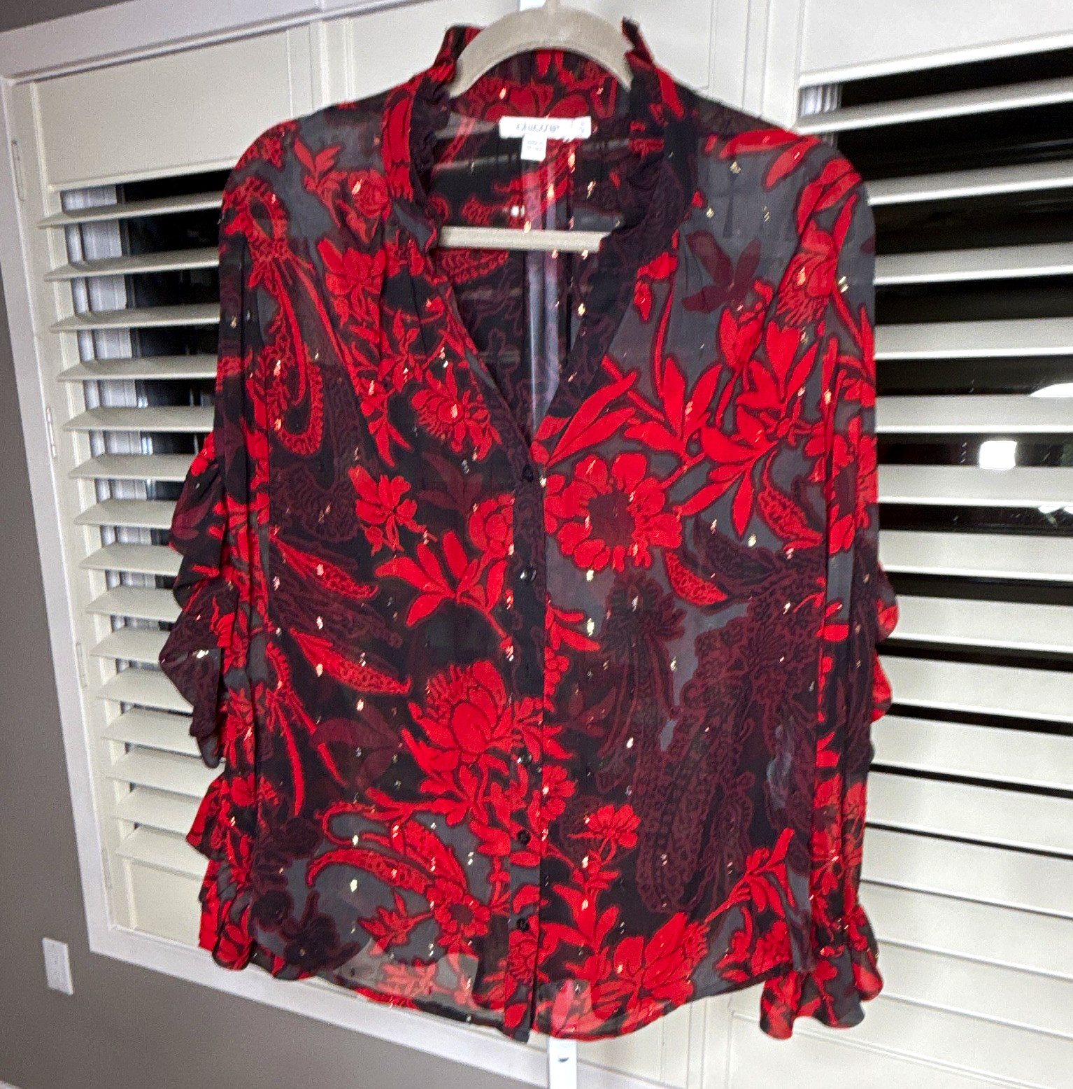Chico\'s blouse Sz 1/1.5 Red Black Floral Sheer Chiffon Ruffle Button Collared
