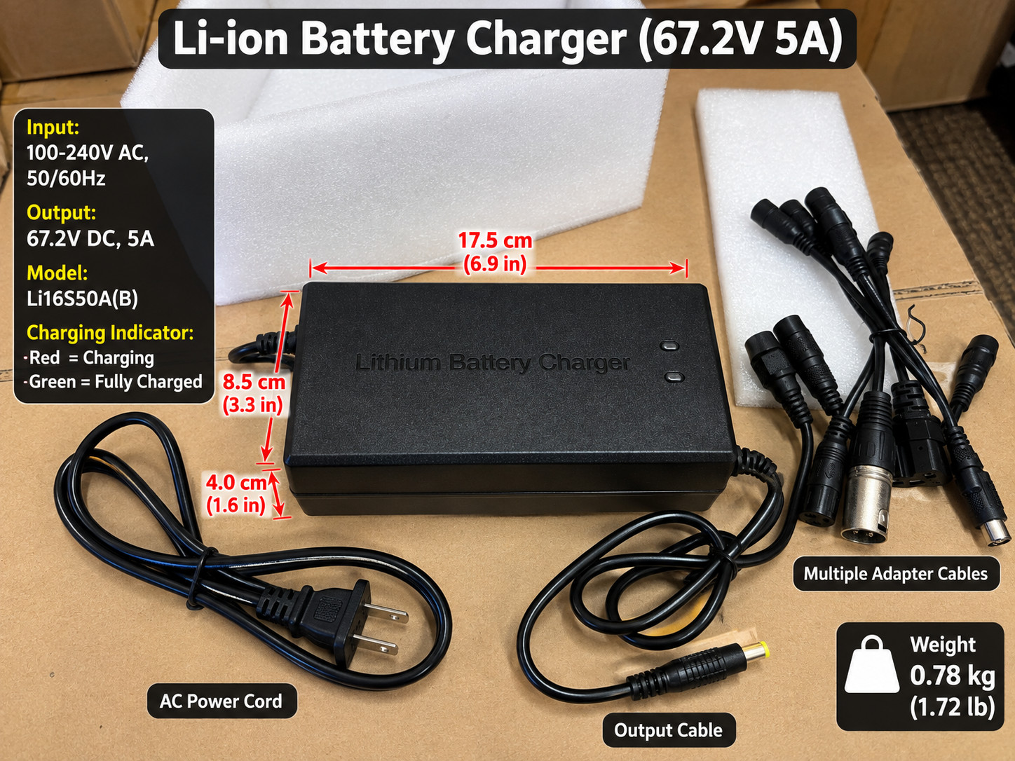 Li-ion Battery Charger 67.2V 5A Lithium Charger w/ Multiple Adapter Cables
