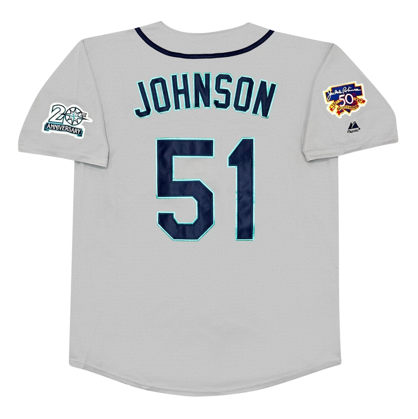 Randy Johnson Seattle Mariners 1997 Grey Road Men's Jersey w/ Jackie 50th Patch Randy Johnson Seattle Mariners 1997 Grey Road Men's Jersey w/ Jackie 50th Patch