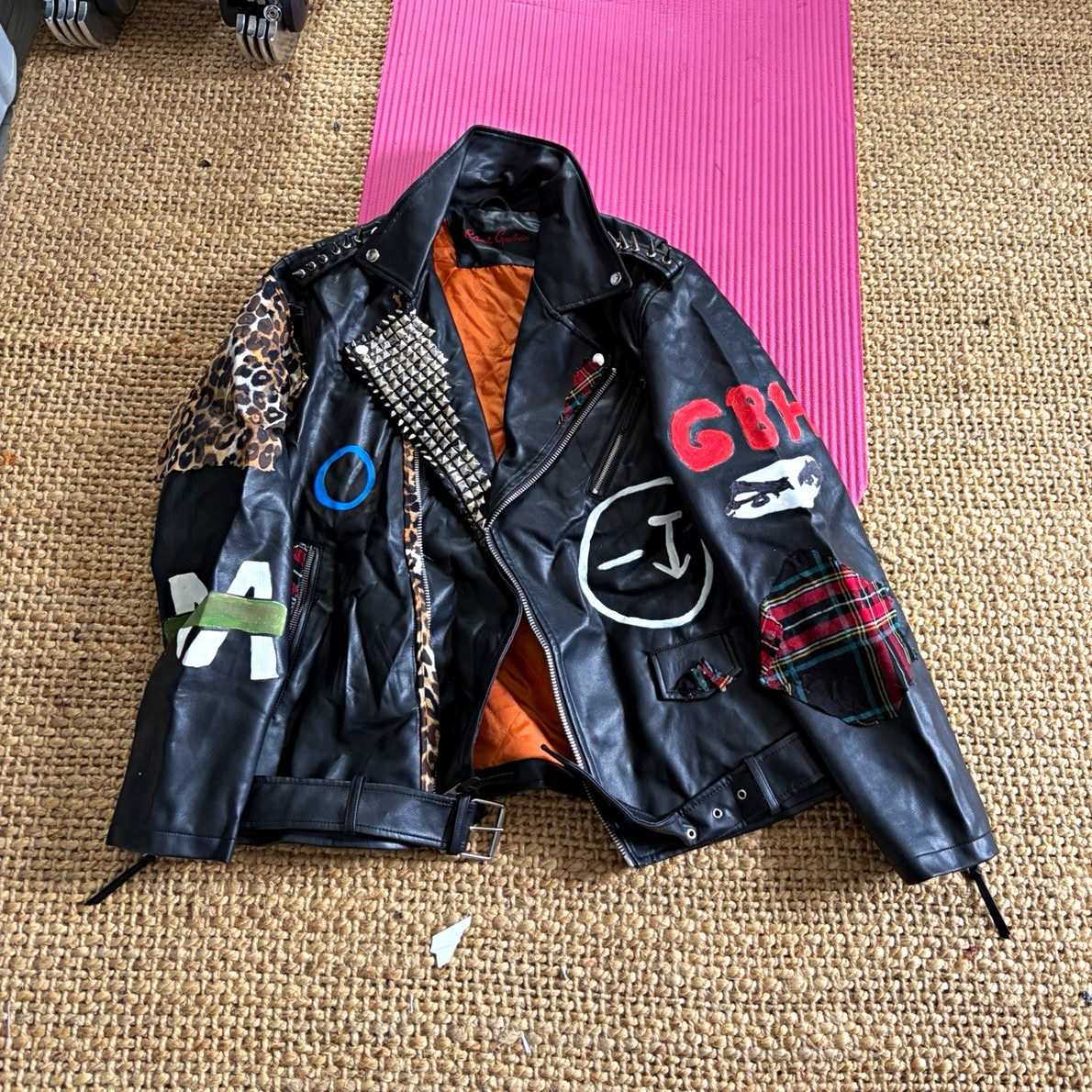 XL punk jacket negative approach GBH studded total chaos plad spiked