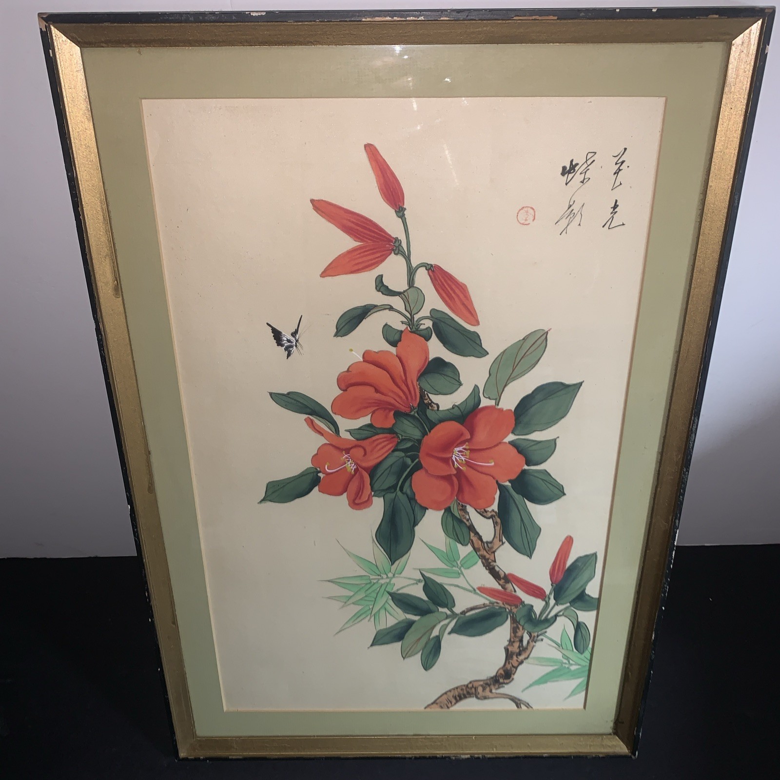 Chinese Hand Painted Floral Art Hibiscus Butterfly Bamboo Signed Framed Painting