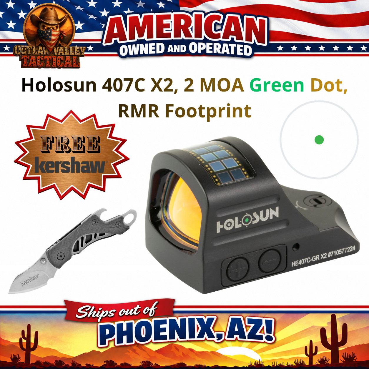 Holosun 407C-X2 Green 2 MOA Dot Side load battery, Solar Failsafe + FREE Kershaw