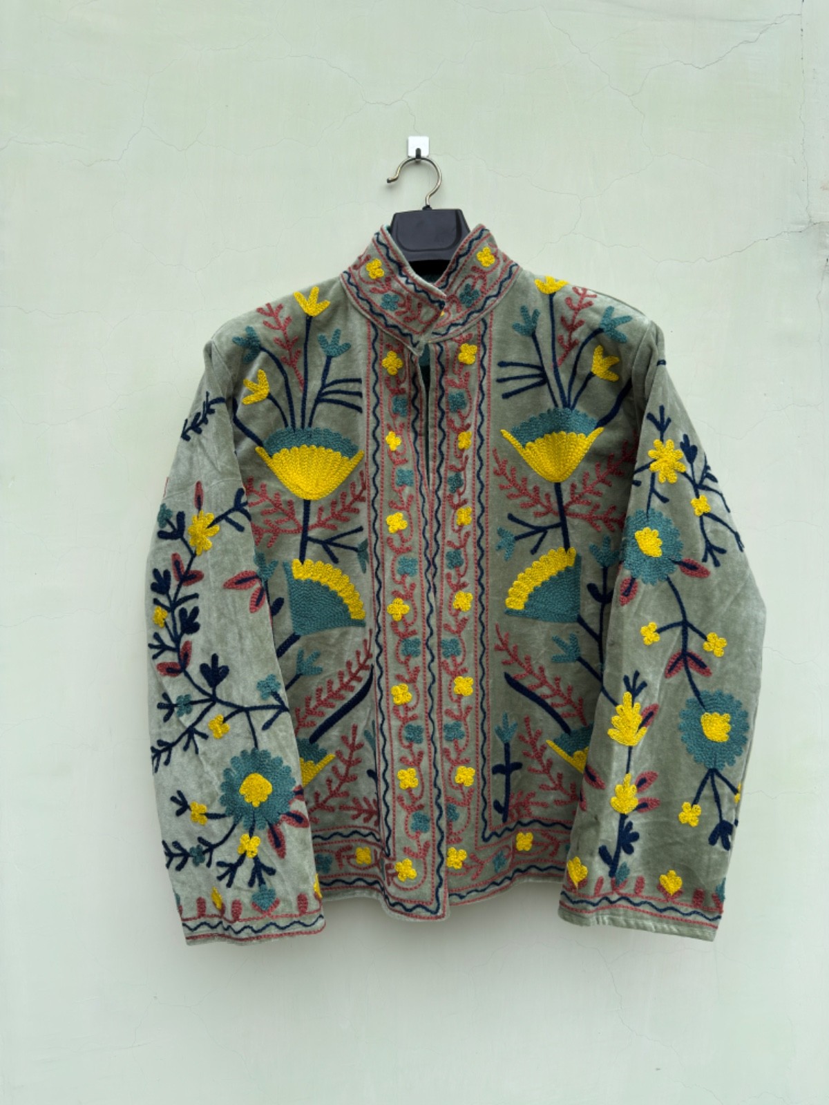 Handmade Embroidered  Velvet Jacket Hearts Floral Boho Folk Art Women\'s