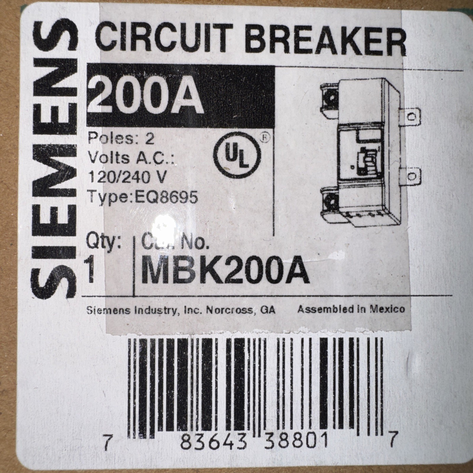 Siemens MBK200A 200-Amp Main Circuit Breaker for Use in Ultimate Type Load Cente Siemens MBK200A 200-Amp Main Circuit Breaker for Use in Ultimate Type Load Cente