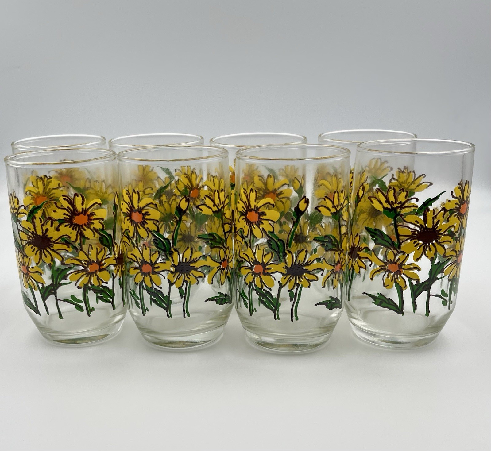 Vintage 1970s Yellow Daisy Flower Power Drinking Glasses Set of 8 Retro Floral
