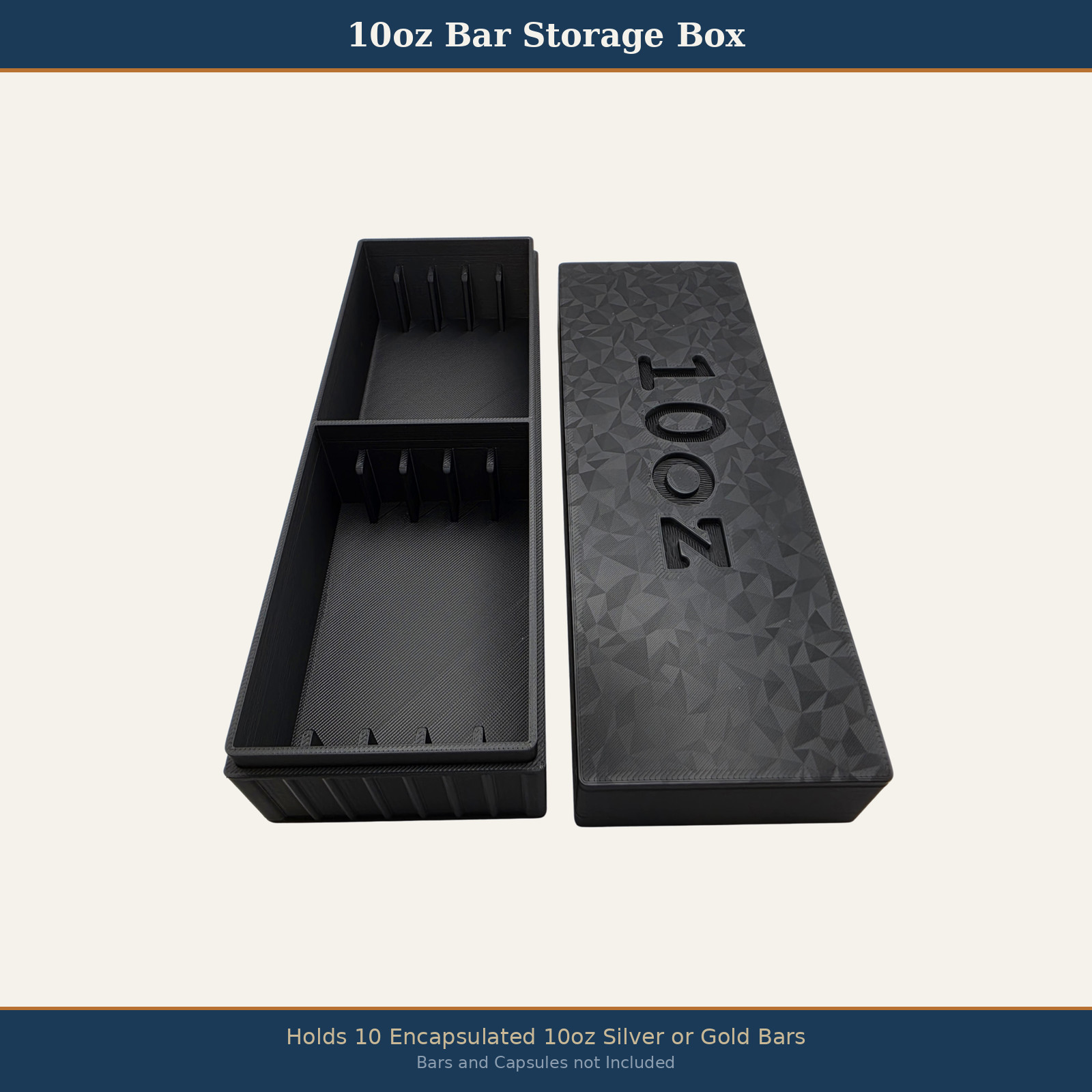 10oz Silver Bar Storage Box Holder, Holds 10x 10oz Bars - Black Geometric Text