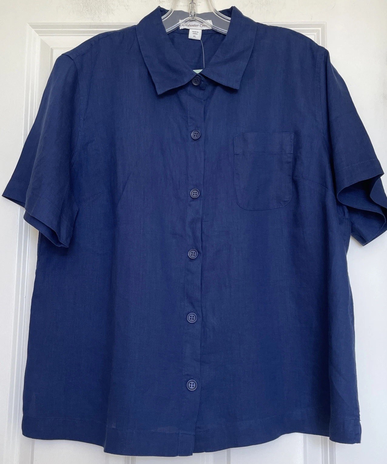 NEW Coldwater Creek 100% Linen Short Sleeve Button Up Dark Blue Blouse Size PL NEW Coldwater Creek 100% Linen Short Sleeve Button Up Dark Blue Blouse Size PL