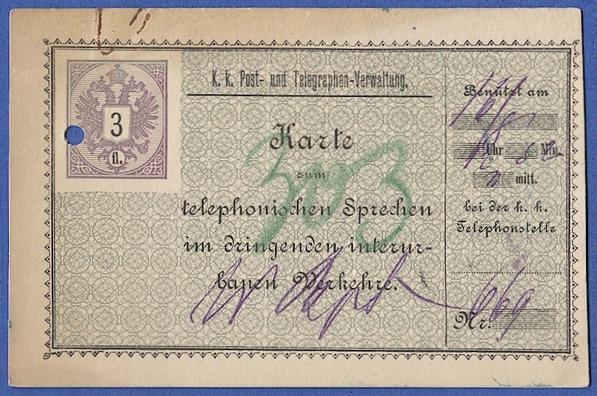 Austria 1890 used 3fl Telephone card, Ferchenbauer #9, cv 75 Euros