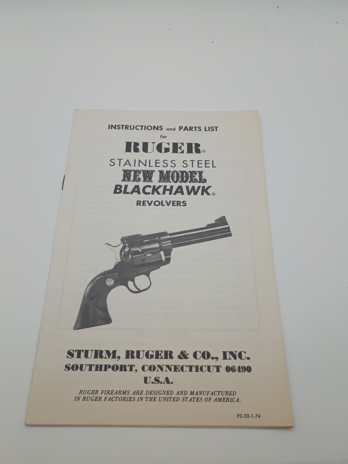 Ruger Stainless Steel New Model Blackhawk Revolver Original Manual 1974
