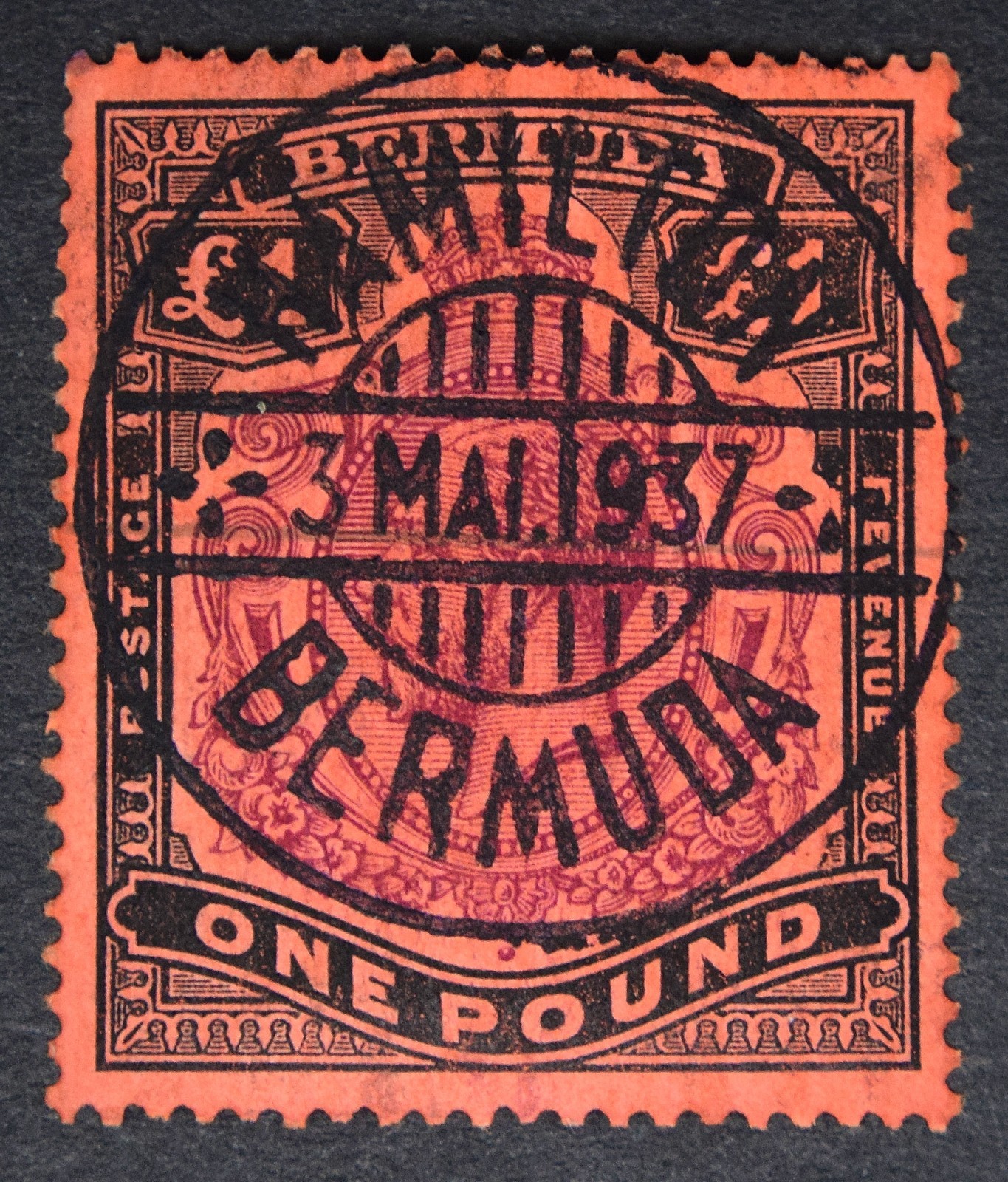 BERMUDA SG55 1918 KGV £1 Purple & Black /Red, Wmk Multi Crown, VFU, Cat £450