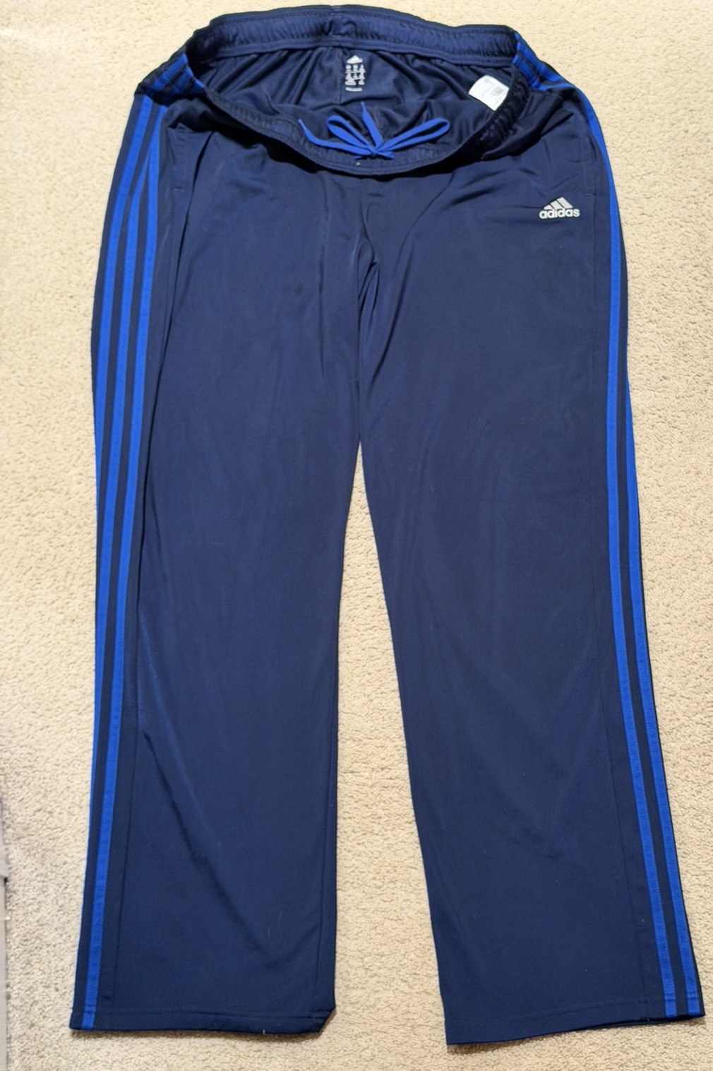 NWOT Adidas 2XL Track Pants Blue Athletic 3 Striped Pockets Men’s Adj. Waist 