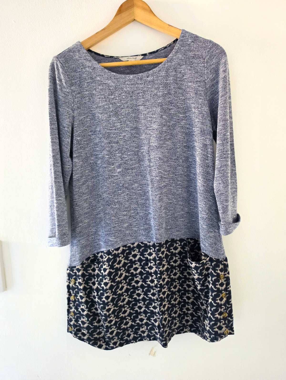 White Stuff Tunic Top UK 10 Grey Marl 3/4 Sleeve Pockets Button Detail Contrast