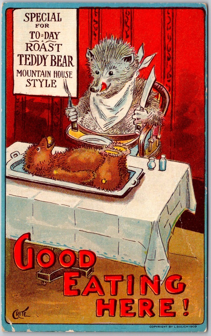 Antique 1909 Postcard ~ Crite Possum Good Eating Here Roast Teddy Bear Gulick