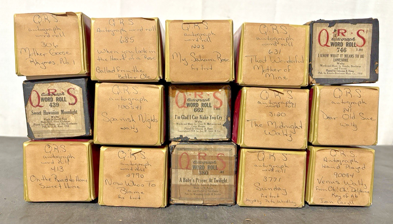 Lot of 15 Vintage QRS Autograph Player Piano Word Rolls (Waltz, Fox Trot, etc.) Lot of 15 Vintage QRS Autograph Player Piano Word Rolls (Waltz, Fox Trot, etc.)