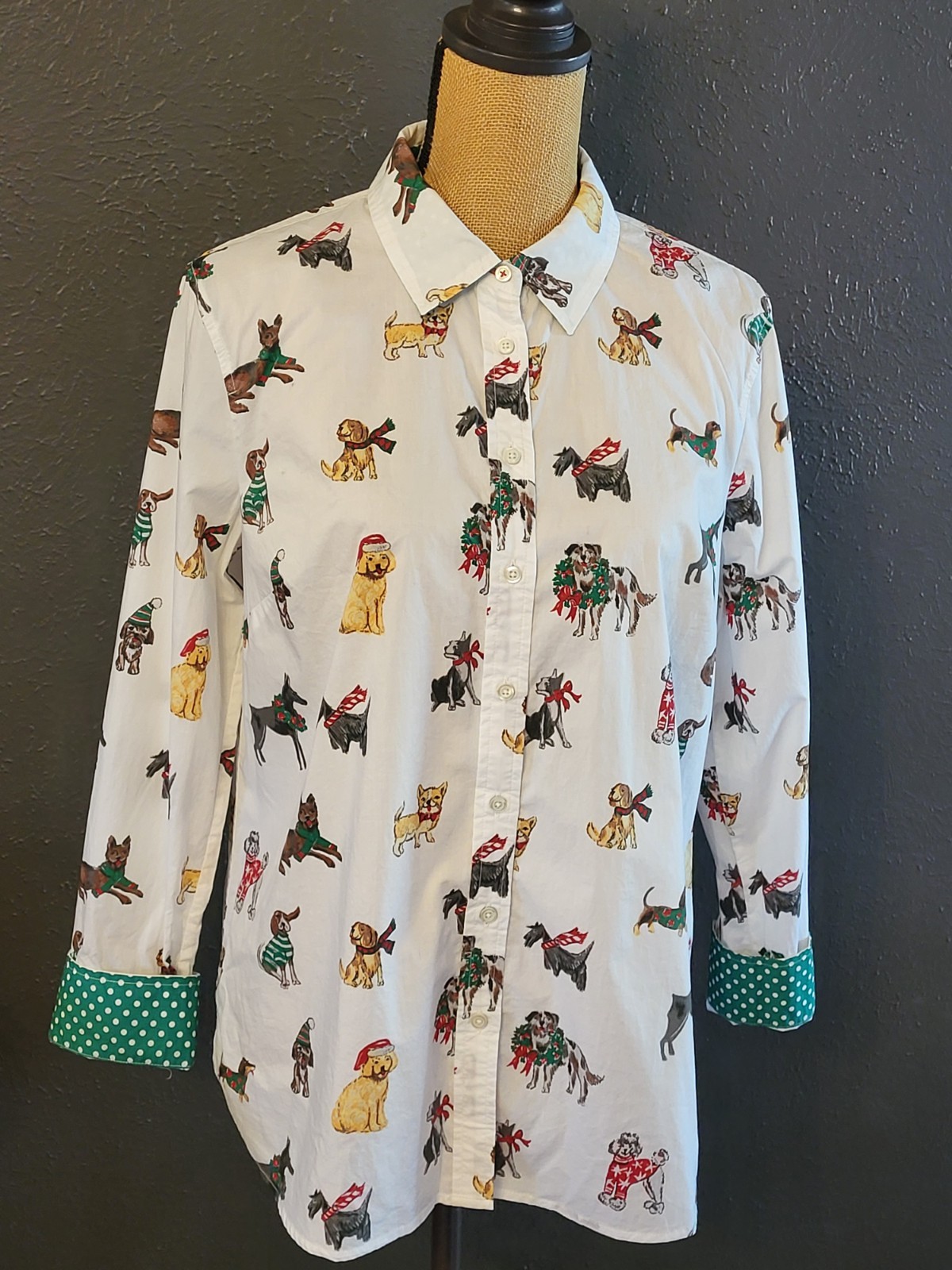 Talbots Dogs Of Christmas Cotton Button-up Blouse Large NWT