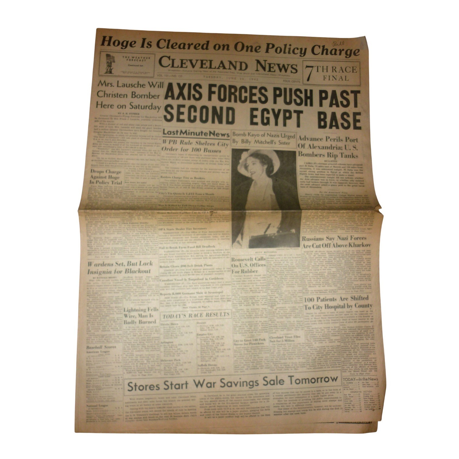 Vintage Cleveland News June 30 1942 WWII Axis Forces Egypt Newspaper Ephemera