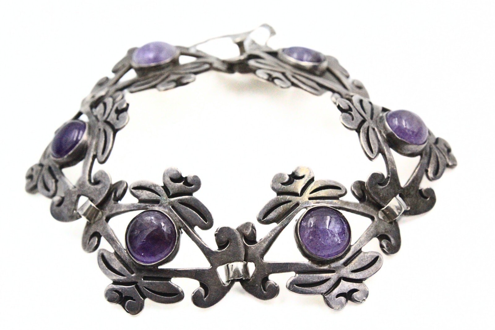 Outstanding Sterling SIlver Modernist Mexico Amethyst Stamped MP Link Bracelet