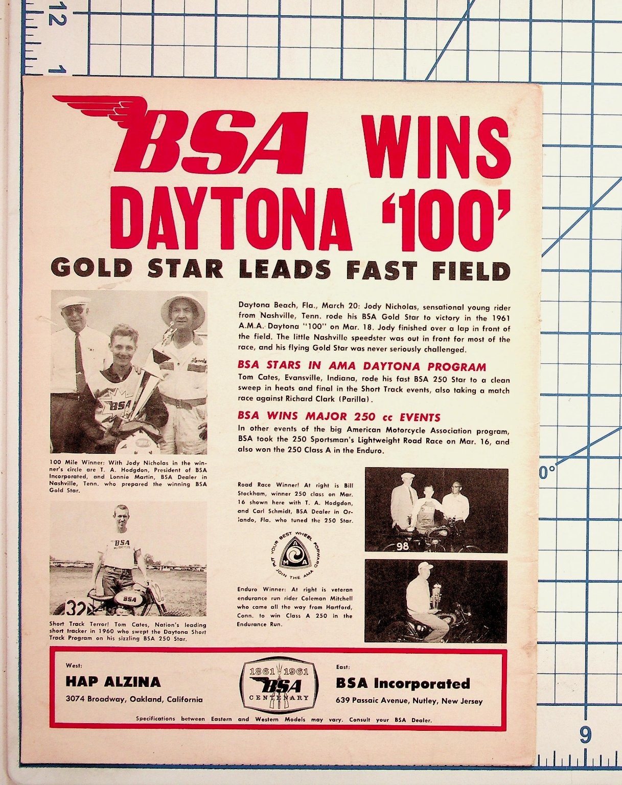 1961 BSA Motorcycles Daytona 100 Gold Star Racing Promo Flyer Ad Ephemera