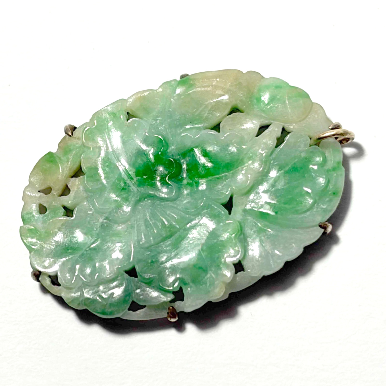 Chinese Export Carved Jadeite Peony Pendant, Silver Mount, c. 1920-1930 (AND)