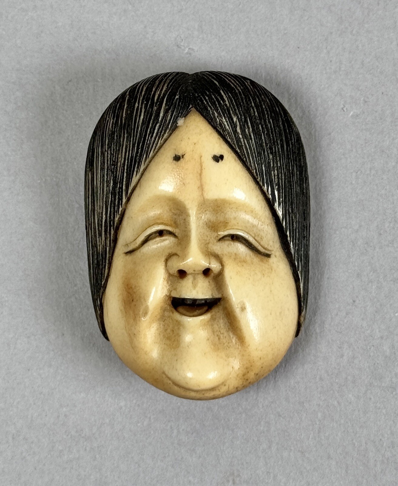 Antique Edo Japanese Stag Horn Netsuke Okame Noh Mask Sagemono 19th Century RARE