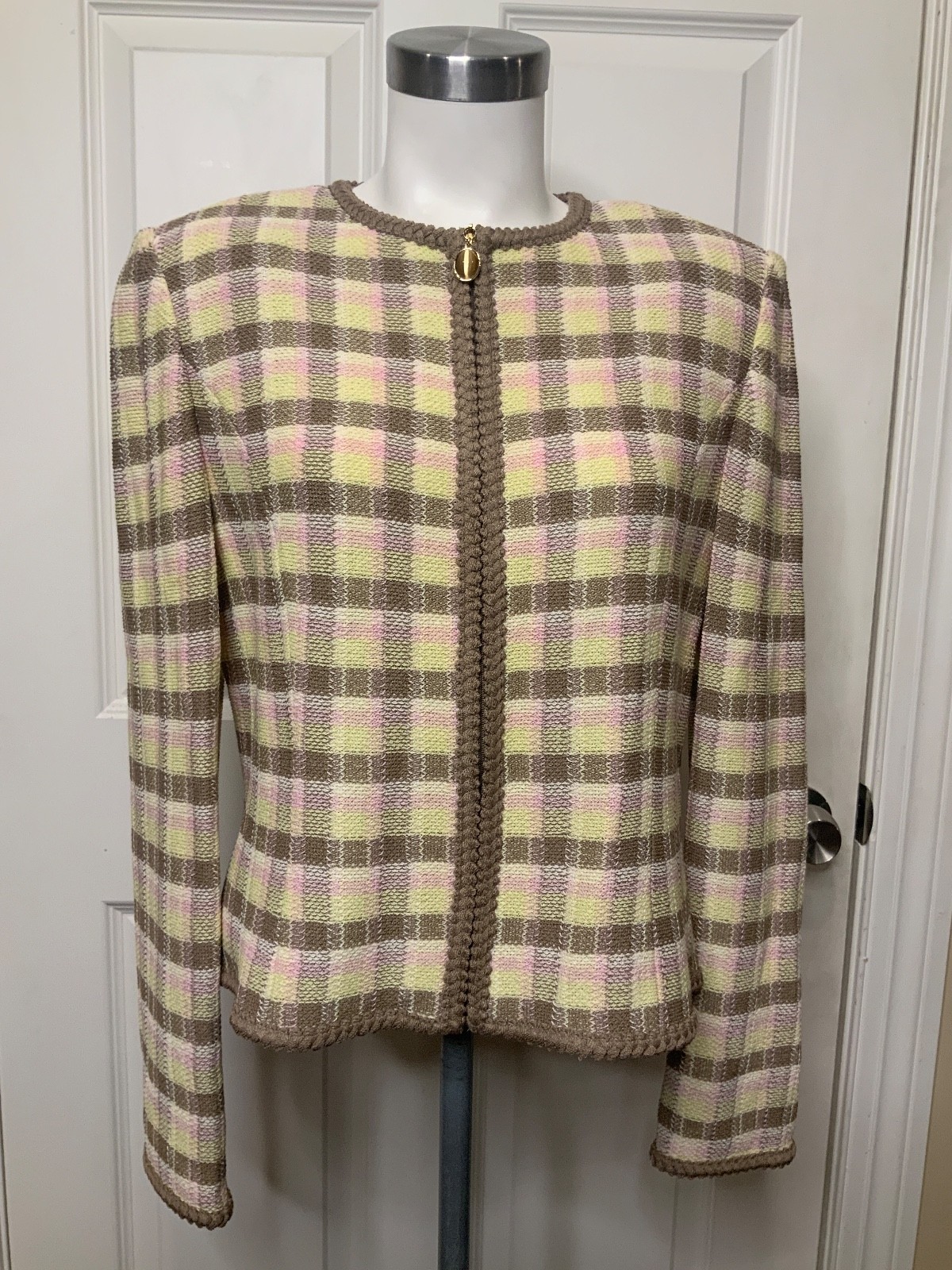 St. John Collection Sand Multi Plaid Knit Jacket NWT $1075, Size 10
