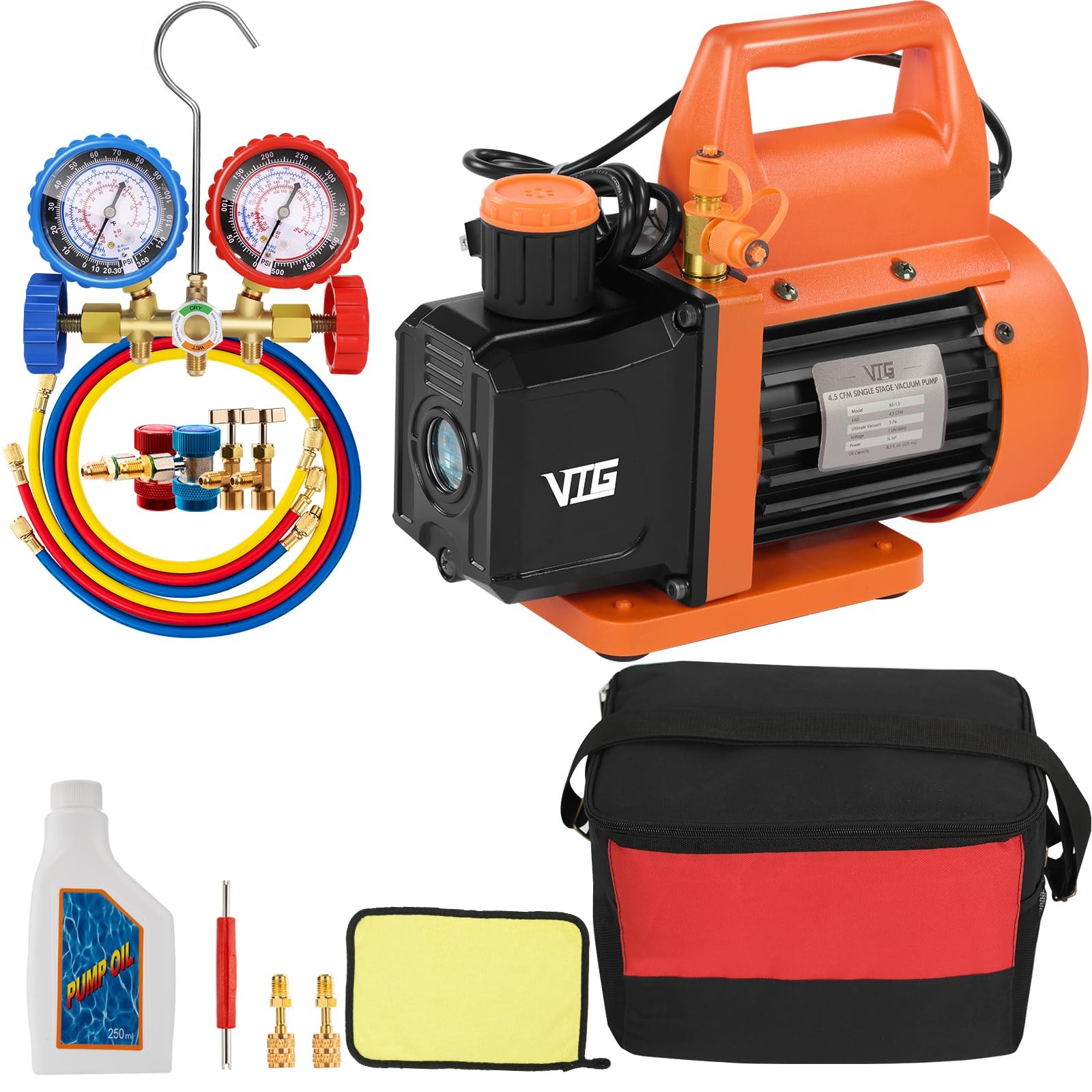 VTG VOGTEN 4.5 CFM AC Vacuum &(R134a R12 R22 R502 Compatible), Orange VTG VOGTEN 4.5 CFM AC Vacuum &(R134a R12 R22 R502 Compatible), Orange