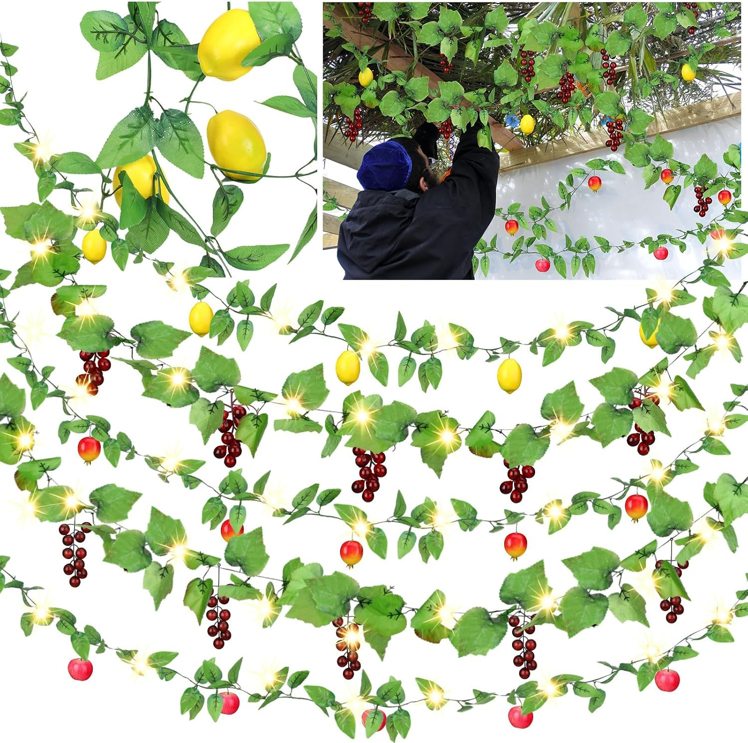 5 Pcs Sukkot Fruit Garland with LED Lights, Hanging Banner Decor