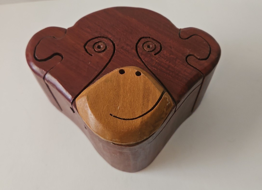 Vintage Handcrafted Wooden Monkey Head Secret Puzzle Box Trinket Jewelry Stash