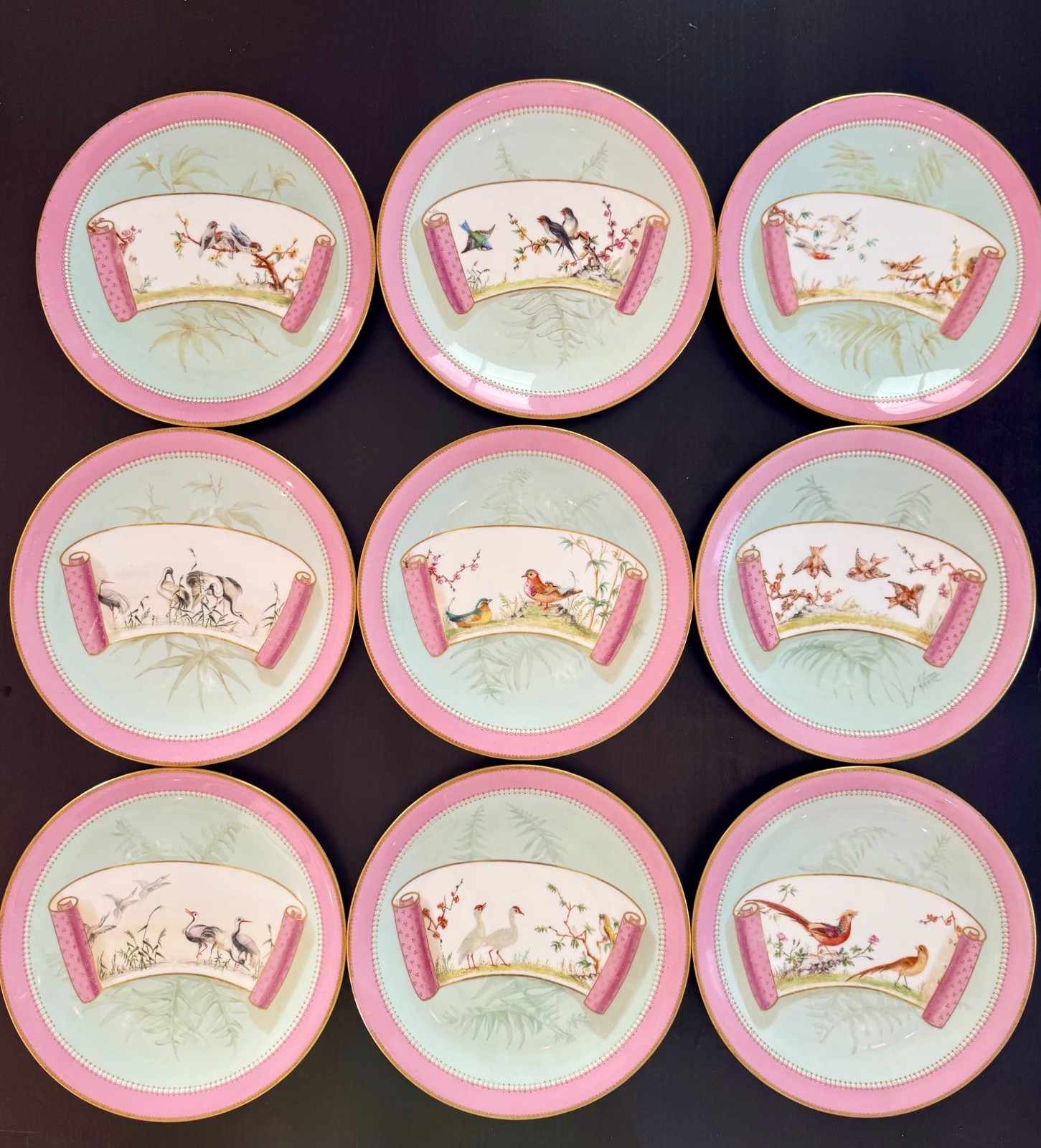 9 Antique 1874 Royal Worcester Dessert Plate Set, Hand Painted Birds, Japonisme